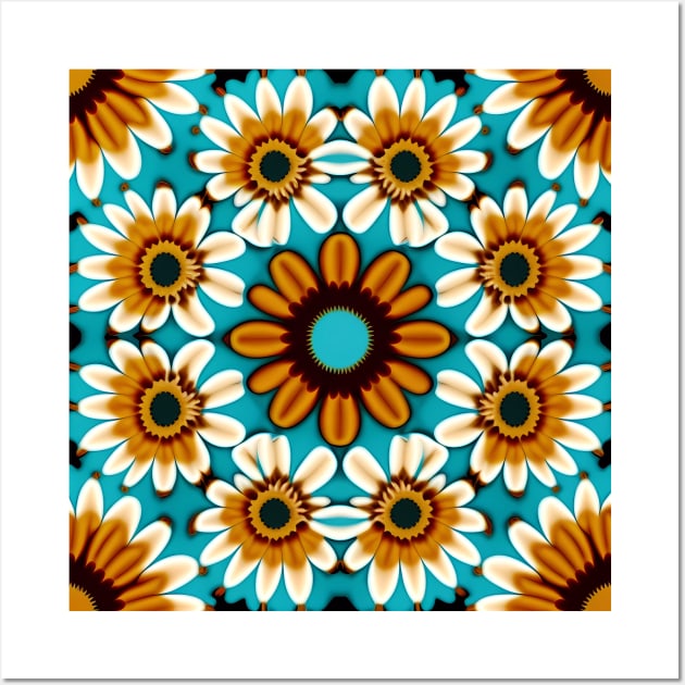 Bohemian Daisy Chain | Aqua with Gold and Brown Daisies Wall Art by TheJadeCat
